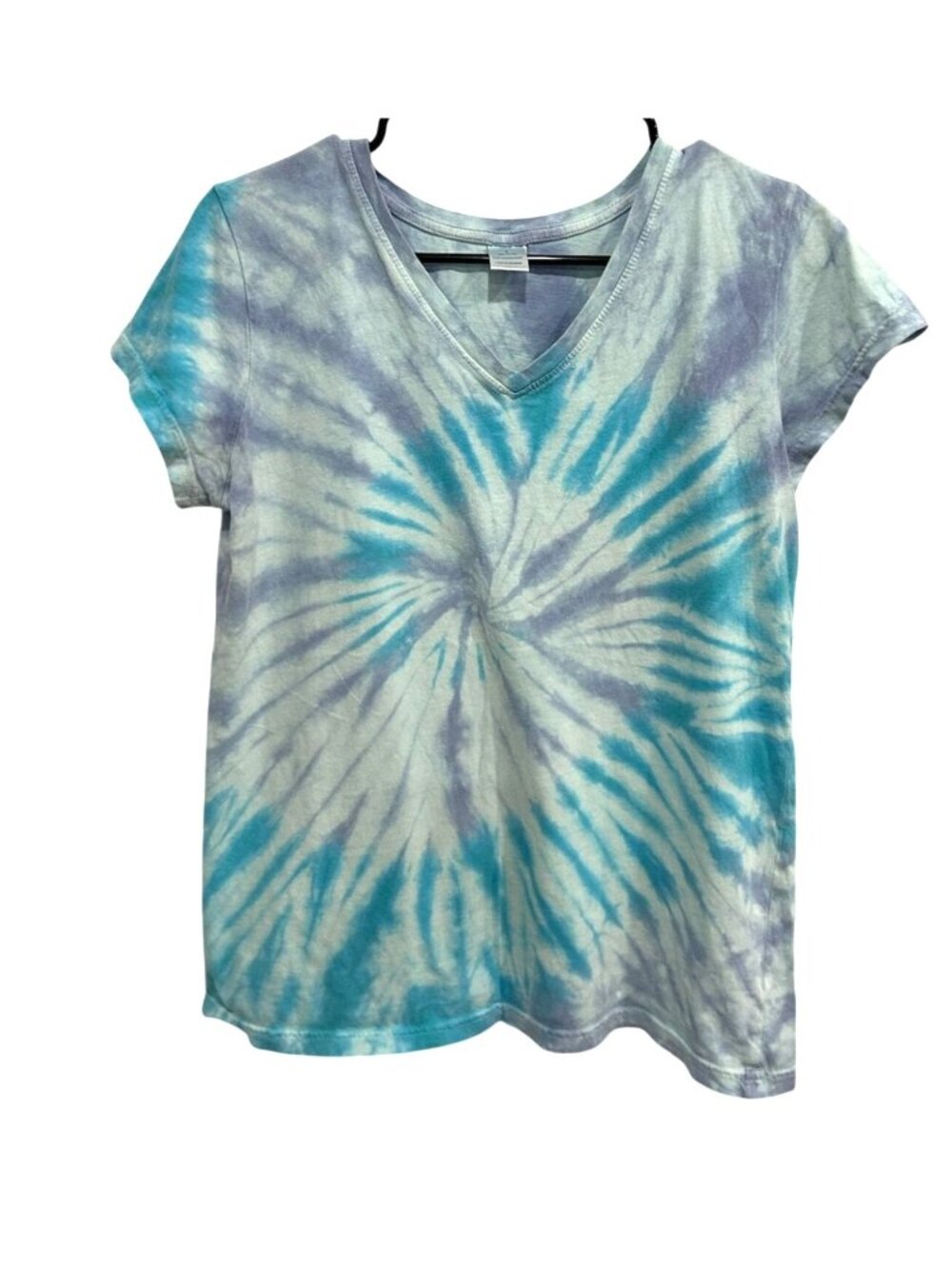Tie-Dye Large Blue Purple Spiral V-Neck Cotton T-Shirt Retro 90s Boho Festival